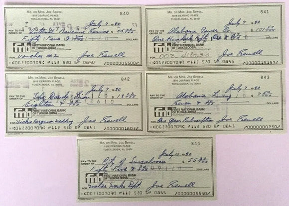 Joe Sewell Cleveland Indians Signed Personal Checks 840-844 Sports Integrity