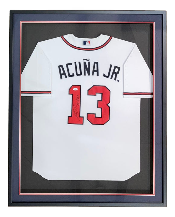 Ronald Acuna Jr. Signed Framed 36x42 Atlanta Braves White Nike Jersey 18 Roy JSA Sports Integrity