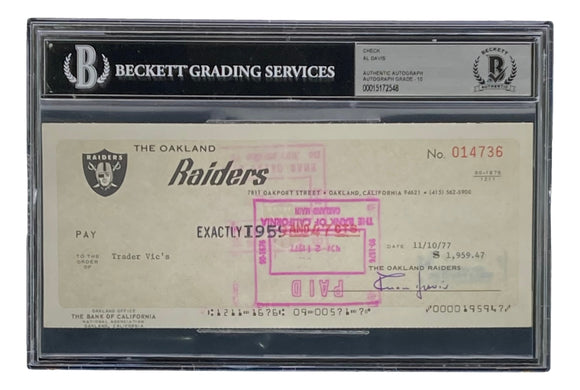 Al Davis Signed Oakland Raiders Personal Bank Check #14736 Auto 10 BAS Sports Integrity