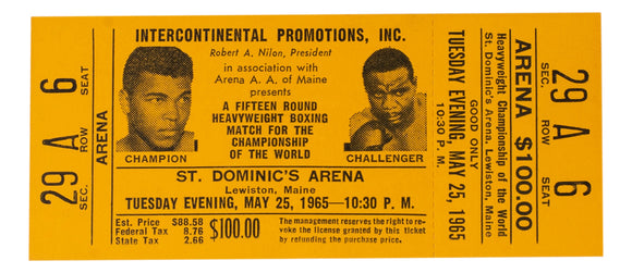 1965 Muhammad Ali Vs Sonny Liston Phantom Punch Boxing Match Orange Full Ticket Sports Integrity