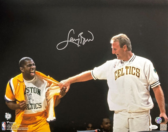 Larry Bird Signed 16x20 Boston Celtics Magic Johnson Shirt Pull Photo Bird+JSA