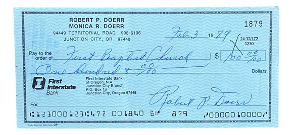 Bobby Doerr Boston Red Sox Signed Personal Bank Check #1879 BAS Sports Integrity