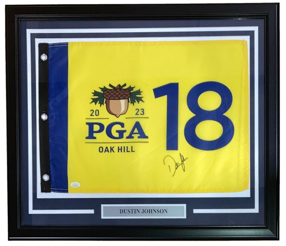 Dustin Johnson Signed Framed 2023 PGA Oak Hill Golf Flag JSA