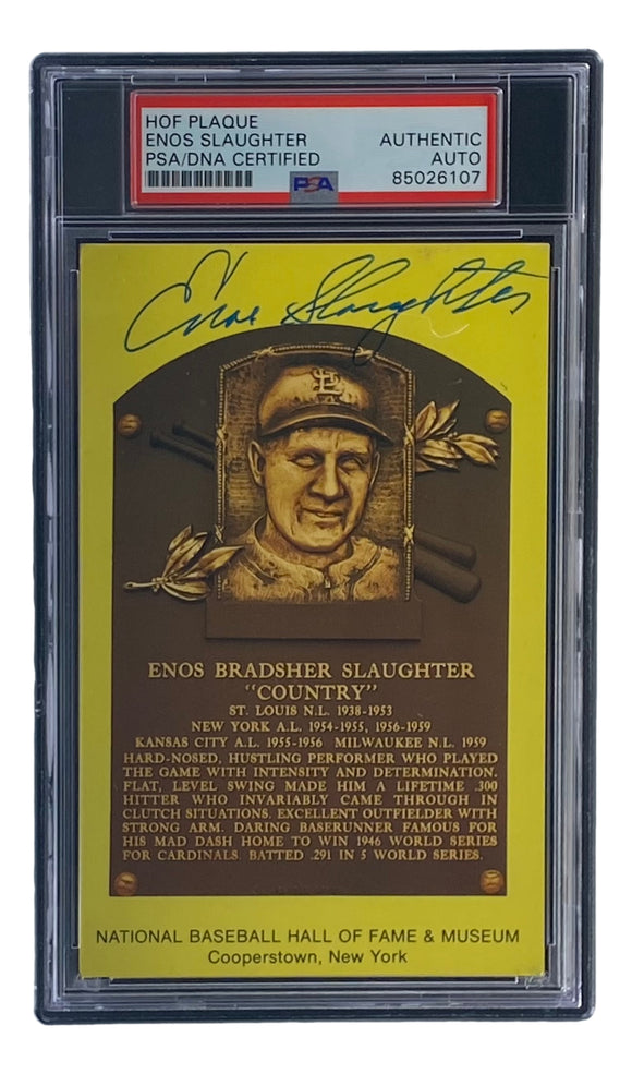 Enos Slaughter Signed 4x6 St Louis Cardinals HOF Plaque Card PSA/DNA 85026107 Sports Integrity