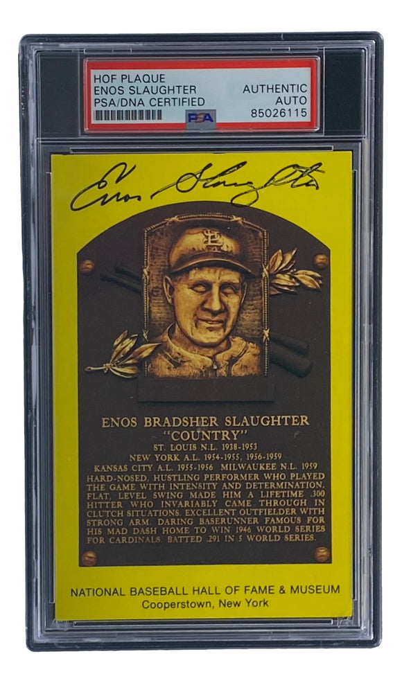 Enos Slaughter Signed 4x6 St Louis Cardinals HOF Plaque Card PSA/DNA 85026115 Sports Integrity