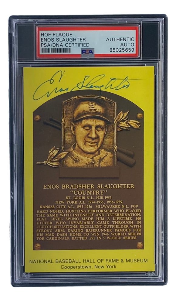 Enos Slaughter Signed 4x6 St Louis Cardinals HOF Plaque Card PSA/DNA 85025659 Sports Integrity
