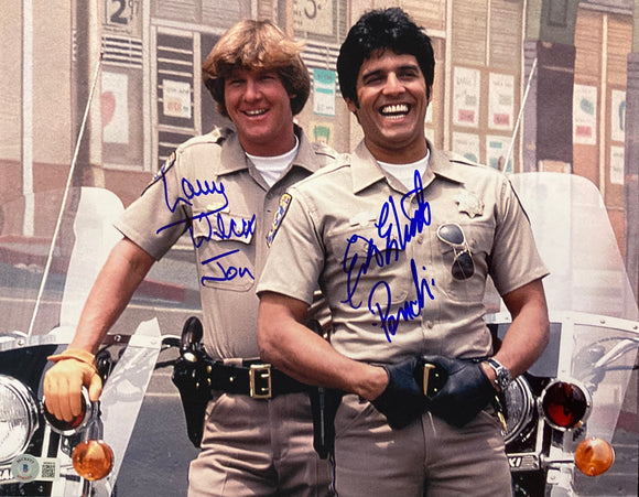 Erik Estrada Larry Wilcox Signed 11x14 CHIPS Laughing Photo Inscribed BAS ITP Sports Integrity