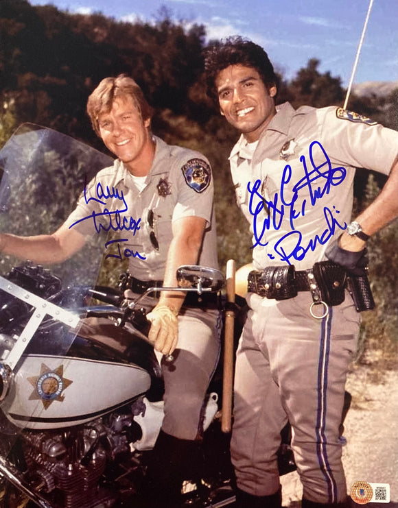 Erik Estrada Larry Wilcox Signed 11x14 CHIPS Motorcycle Photo 2 Inscr BAS ITP Sports Integrity