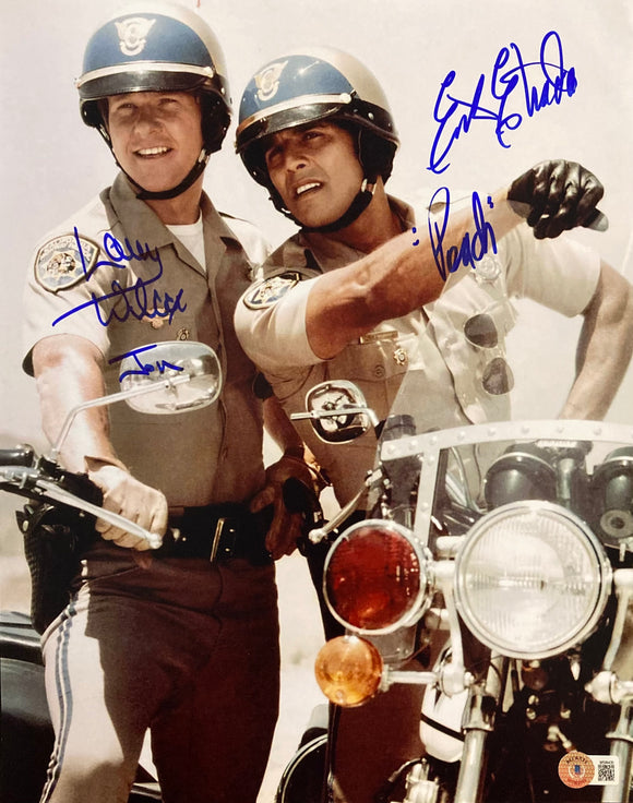 Erik Estrada Larry Wilcox Signed 11x14 CHIPS Motorcycle Photo Inscribed BAS ITP Sports Integrity