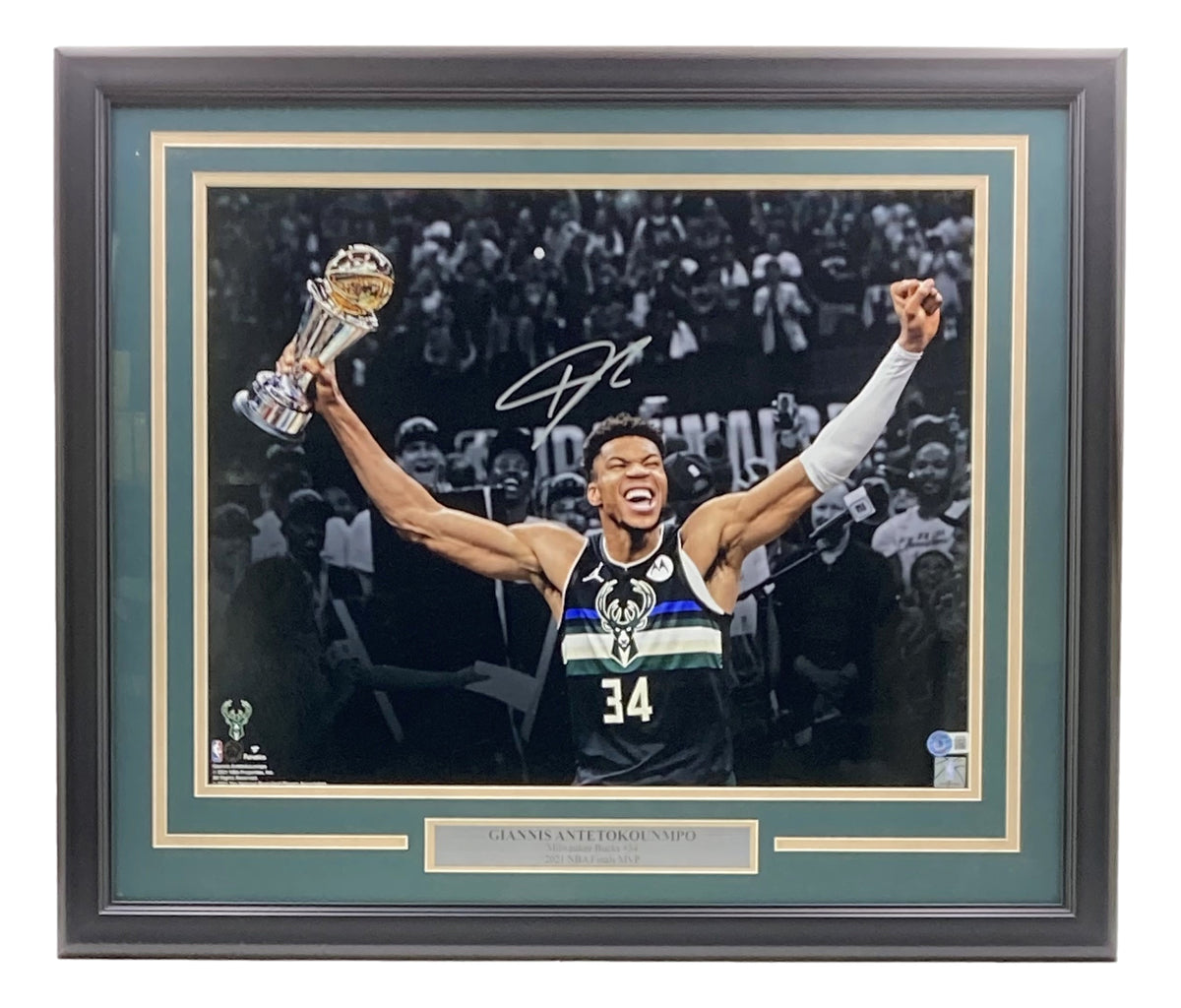 Giannis Antetokounmpo Milwaukee Bucks Autographed 16 x 20 2021 NBA Finals  Trophy Spotlight Photograph with 21 Finals MVP Inscription