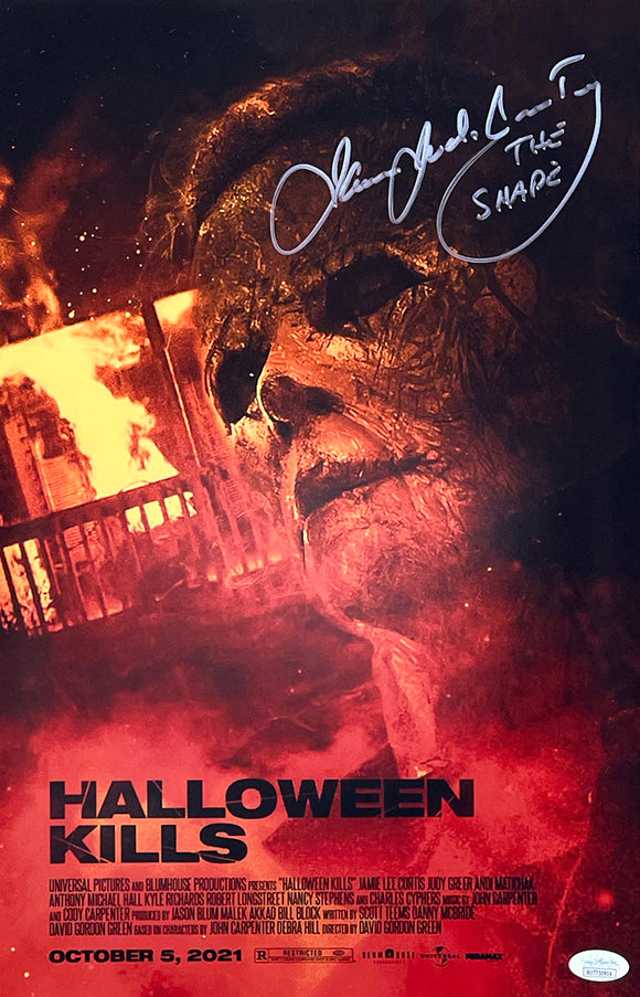 James Courtney Signed 11x17 Halloween Kills Poster Fire Photo Inscribed The Shape JSA Sports Integrity
