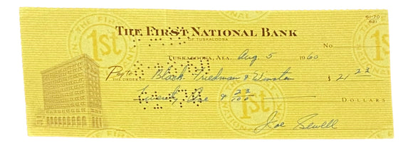Joe Sewell Cleveland Signed August 5 1960 Personal Bank Check BAS Sports Integrity