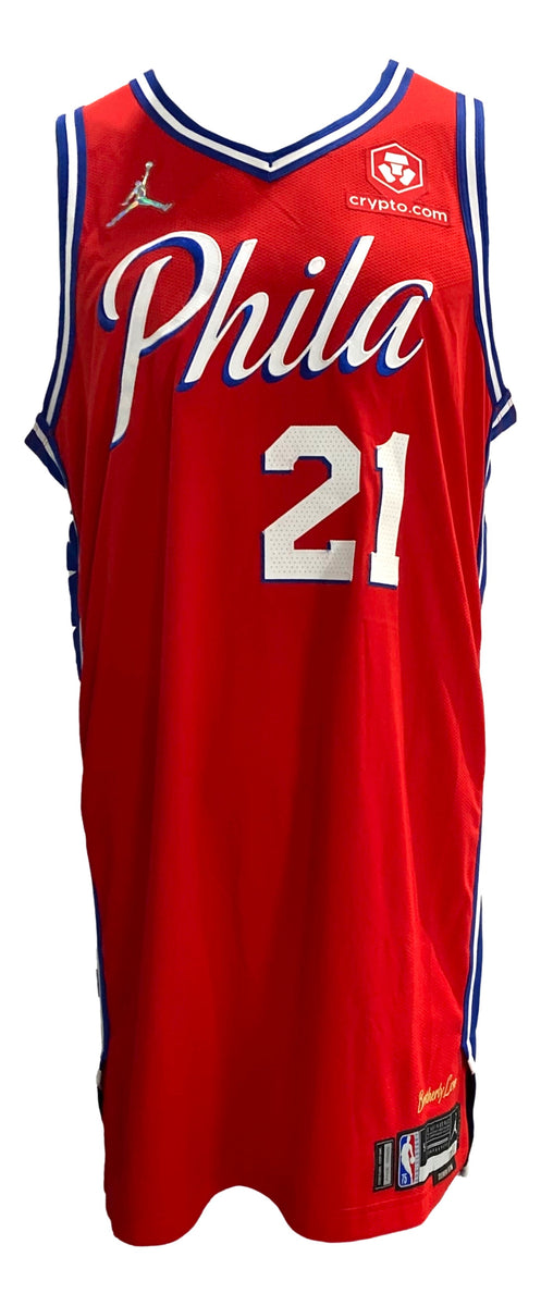 Joel Embiid Red Philadelphia 76ers Game-Used #21 Statement Jersey Worn  During the First Quarter of the Game vs. Phoenix Suns on February 8 2022
