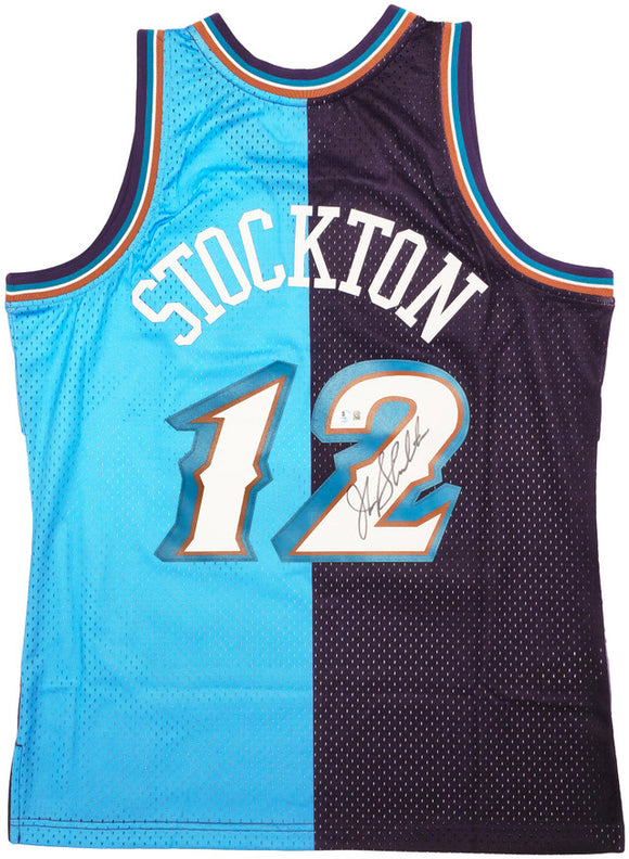 John Stockton Signed Utah Jazz 1996-97 M&N HWC Swingman Split Jersey BAS