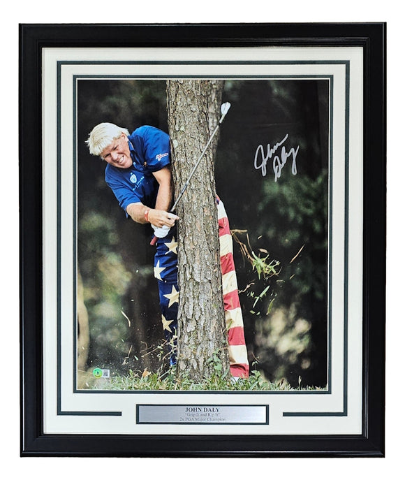 John Daly Signed Framed 16x20 PGA Golf Tree Swing Photo BAS