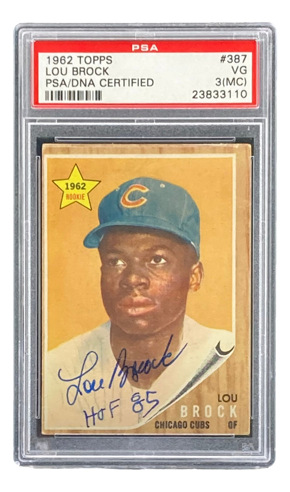 Lou Brock Signed 1962 Topps #387 Chicago Cubs Rookie Card HOF 85 PSA/DNA VG 3(MC) Sports Integrity