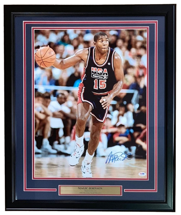 Magic Johnson Signed Framed 16x20 USA Basketball Photo PSA/DNA