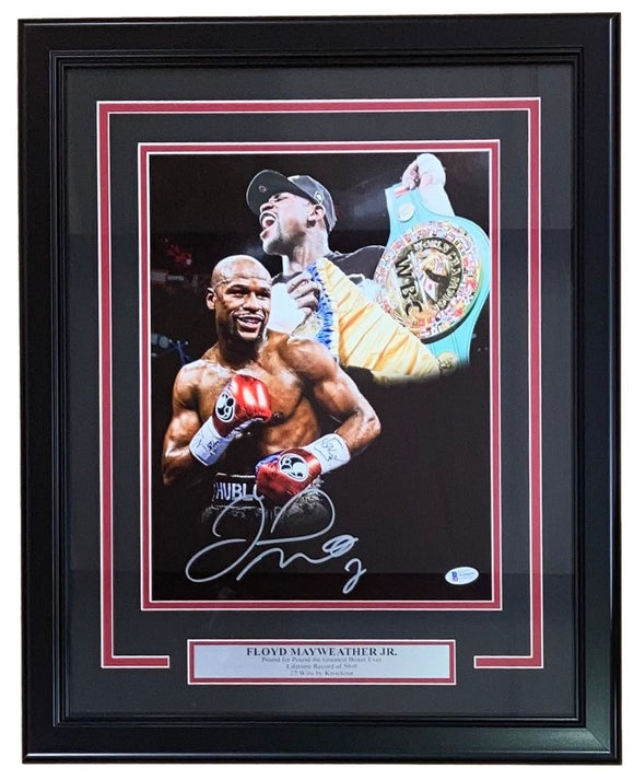 Floyd Mayweather Jr Signed Framed 11x14 Titles Collage Photo BAS