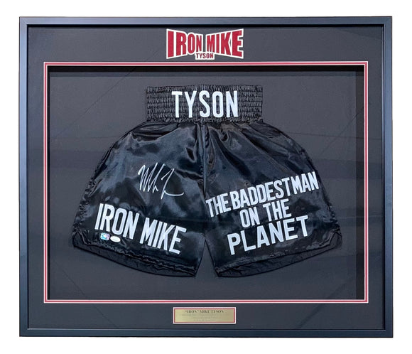 Mike Tyson Signed Framed Custom Black Baddest Man Boxing Trunks JSA ITP