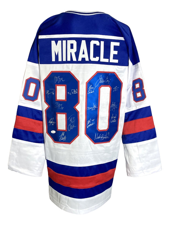1980 USA Miracle On Ice (15) Team Signed Custom White Hockey Jersey JSA ITP Sports Integrity