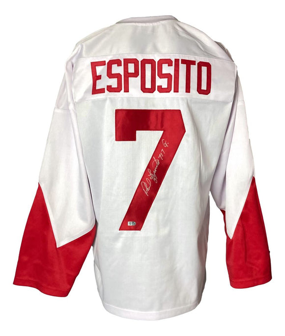 Phil Esposito Canada Signed White Hockey Jersey 717 G Inscribed Sports Integrity