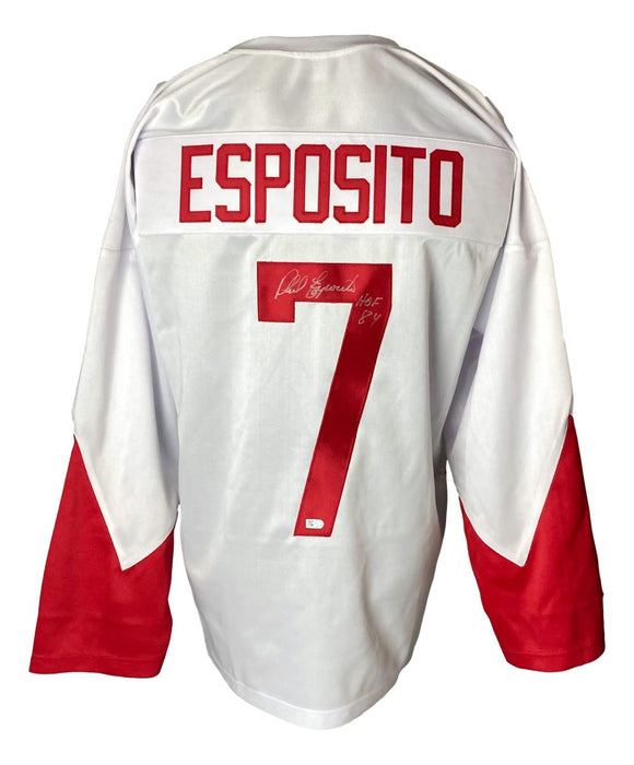 Phil Esposito Canada Signed White Hockey Jersey HOF 84 Insc Sports Integrity