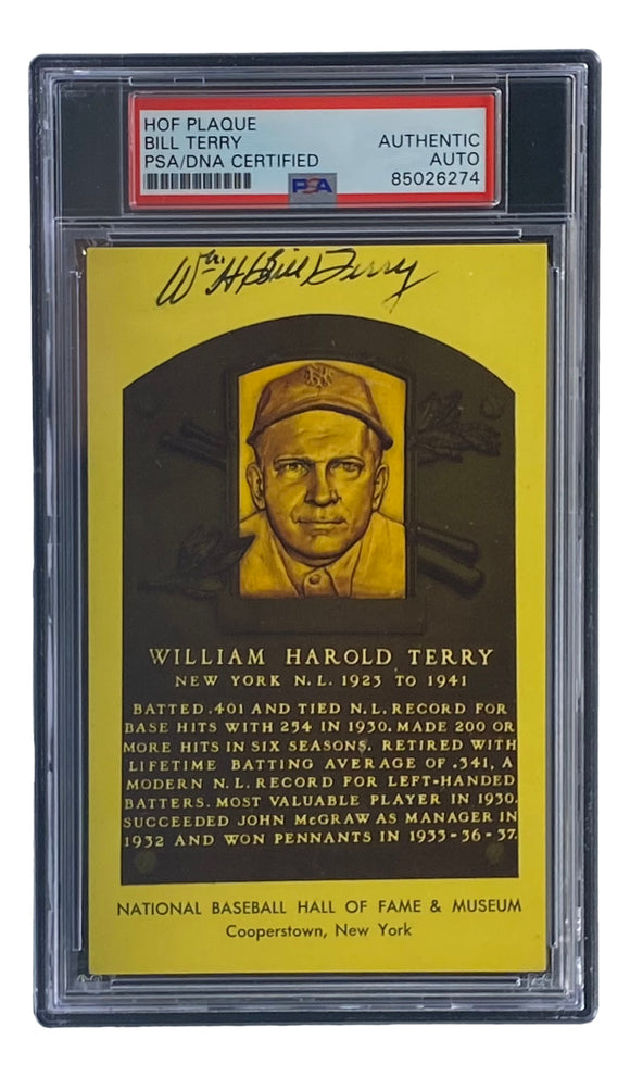 Bill Terry Signed 4x6 New York Giants Hall Of Fame Plaque Card PSA/DNA 85026274 Sports Integrity