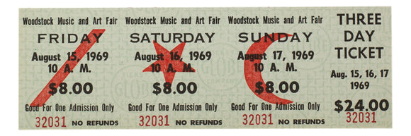 Woodstock 1969 Original Three Day Ticket