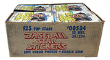 A 1981 Fleer Star Stickers Baseball 36 pack, 12 box case by Sports Integrity, labeled "125 Top Stars," with colorful branding and images of players on the packs.