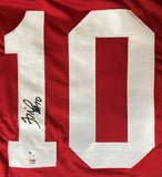 This Troy Smith Ohio State signed red football jersey by Sports Integrity features a large white number 10, with his black marker signature and two authentication stickers on the bottom of the "1." PSA hologram included.