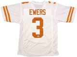 The Sports Integrity Quinn Ewers Texas Signed White Football Jersey BAS features orange stripes, EWERS above a bold orange number 3, and is autographed in black ink across the number.