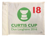 The Sports Integrity 2016 Curtis Cup USGA Event Issued Golf Flag Fanatics features a white design with a green trophy icon, red "18," and green "CURTIS CUP Dun Laoghaire 2016" text.