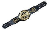 The Sports Integrity Dustin Poirier Signed Full Size MMA Replica Championship Belt BAS features a black and gold design, large UFC logo centerpiece, decorative side plates, and signature details on the strap.