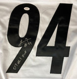The Sports Integrity Lawrence Timmons Pittsburgh Signed White Football Jersey features bold black 94 numbers, with the 9 autographed in silver: "07 #1 Pick" and "#94" added. Includes a JSA hologram for authenticity.