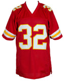 The Sports Integrity Tyrann Mathieu Kansas City Signed Red Football Jersey JSA ITP features yellow and white sleeve stripes with the number 32 in bold white and yellow on the front and shoulders.