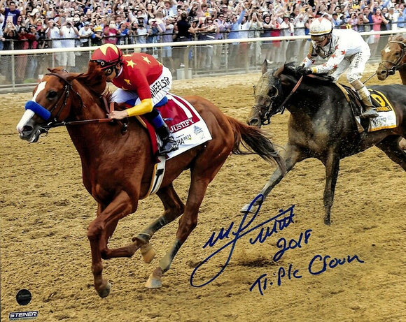 Mike Smith Signed 8x10 Belmont Stakes Photo 2018 Triple Crown Inscribed Steiner