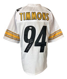 The Sports Integrity Lawrence Timmons Pittsburgh Signed White Football Jersey features yellow and black sleeve stripes, large black #94, "Timmons" on top, his autograph on the number, and a JSA hologram.