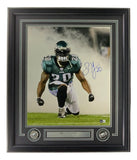 The Sports Integrity Brian Dawkins Signed Framed 16x20 Philadelphia Eagles Smoke Photo (BAS) features Dawkins (#20) kneeling in uniform with smoke, two small Eagles logos, and a nameplate in the frame.