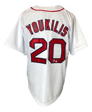 The Sports Integrity Kevin Youkilis Boston Signed White Baseball Jersey BAS features red trim, YOUKILIS and 20 in bold red and black on the back, representing the Boston Red Sox.