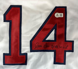 A close-up of a Jim Rice Boston Signed White Baseball Jersey, featuring a bold red 14 with blue outline, his signature and "78 AL MVP" inscription on the number, plus a BAS authentication sticker. Brand: Sports Integrity.