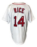 The Sports Integrity Jim Rice Boston Signed White Baseball Jersey (78 AL MVP BAS) features red and blue trim, RICE and 14 on the back, and a signature on the number 4.