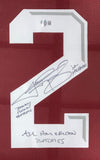A Sports Integrity Johnny Manziel Signed Framed Maroon College Football Jersey with 3 inscriptions, including "Johnny Football" and "All American Badass," features a large white number 2 signed in black ink.