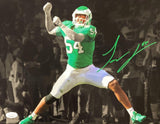 Celebrate the moment with this Sports Integrity Jeremiah Trotter Jr Signed in Green 11x14 Philadelphia Eagles Spotlight Photo (JSA), featuring number 54 raising his arms on the field, autograph in green ink and fans blurred in the background.