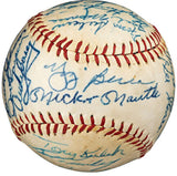 A Sports Integrity 1958 New York Yankees Signed Spalding Baseball with visible red stitching displays blue ink signatures, including Berra and Ford, against a plain white background. PSA LOA included.