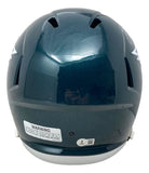 A Saquon Barkley Signed Philadelphia Eagles Full Size Replica Speed Helmet by Sports Integrity, shown from the back, featuring air vents, a white warning label, certification sticker, and partial side decals.