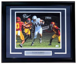 Sports Integrity Tyler Warren Signed Framed 11x14 Penn State Nittany Lions Photo (#44), featuring him running as two defenders attempt a tackle. Limited edition 17/224, JSA authenticated.