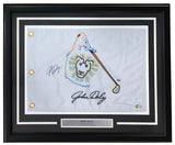 The Sports Integrity John Daly Signed Framed John Daly Logo Golf Flag features a vibrant lion head design, two signatures (one by John Daly), and a nameplate at the frame’s base.