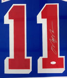 A close-up of the Sports Integrity Mark Messier New York signed blue hockey jersey, featuring red and white number 11 with a silver autograph and JSA authentication sticker on one digit.