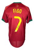 A Luis Figo Signed Portugal Nike Soccer Jersey by Sports Integrity, featuring FIGO and the number 7 with green accents and an autograph on the back.