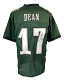 The Nakobe Dean Philadelphia Signed Green Football Jersey by Sports Integrity features “DEAN” and the number 17 on the back, with the 17 autographed in black marker. Authenticated by PSA/DNA.